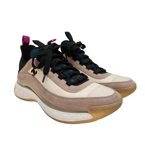 Chanel 20K Beige Pink Black Beige CC Logo Lace Up Sneakers US 8.5 / EU 38.5 - Picture 1 of 8